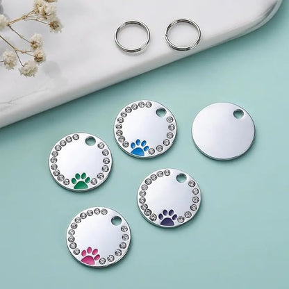Personalized Dog/Cat Cute Paw Pet ID Tag for Pet Collar or Key Chain - Custom Laser Engraved Unique Dog/cat Name tag with Phone Number (Purple, Crystals Round-Small)