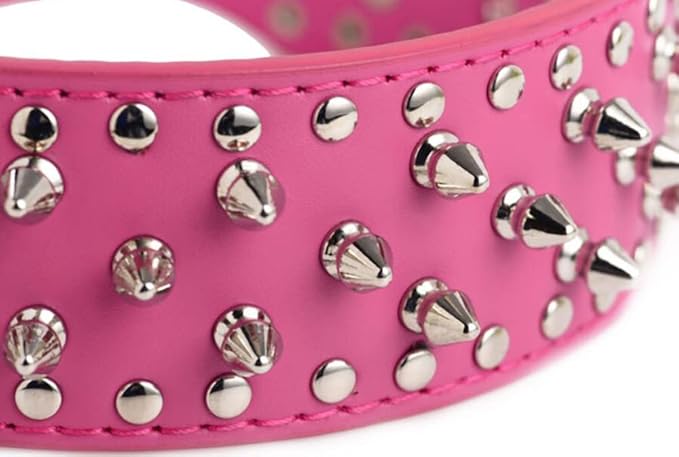 Serijoars Spiked Studded Dog Collar, PU Leather Dog Collar, Adjustable Pet Collars for Medium or Large Breed Pet (XL, Pink)