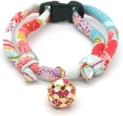 PetSoKoo Four-Leaf Clover Cat Collar with Bell Breakaway Buckle. Japanese Chirimen,Cute Kitten Collar for Girl Boy Cat