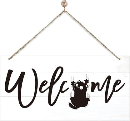 Welcome Sign for Front Door, Welcome Decor Wooden Hanging Sign for Cats Lover, Funny Cat Pattern Wall Decor, Rustic Funny Wooden Outdoor Front Door Hanging Decoration 13.8X6.9 inches