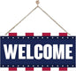 Welcome Sign for Front Door, Welcome Decor Wooden Hanging Sign, Patriotic American Theme Wall Hanging Decor, Funny Wooden Outdoor Front Door Decoration 13.8X6.9 inches