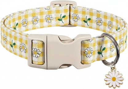 Cute Dog Collar, Yellow Plaid Dog Collar with White Floral Pattern, Spring Summer Design Floral Collar for Girls Boys Small Dogs
