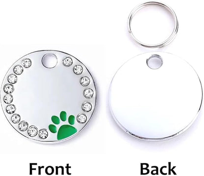 Personalized Dog/Cat Cute Paw Pet ID Tag for Pet Collar or Key Chain - Custom Laser Engraved Unique Dog/cat Name tag with Phone Number (Green, Crystals Round-Small)