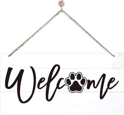 Welcome Sign for Front Door, Welcome Decor Wooden Hanging Sign for Wall Decor, Cat's Paw Pattern Wall Signs, Rustic Funny Wooden Outdoor Front Door Hanging Decoration 13.8X6.9 inches