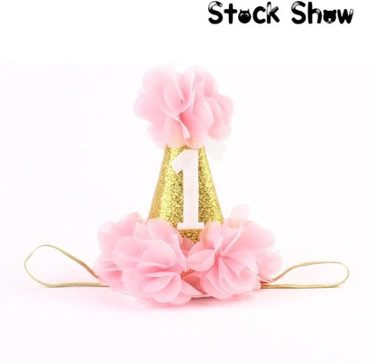 Stock Show 1st Pet Birthday Cone Hat Dogs Cats Holiday Party Hat Headwear Costume with Flowers Accessories and Adjustable Headband for Small Medium Dogs Cats Pets Baby (Pink