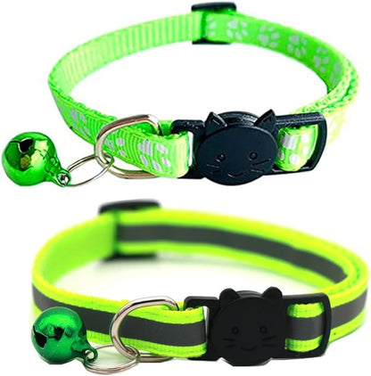 2 Pack Cat Collars Quick Release Reflective Kitten Collar with Bell & Safety Release (Fluorescent Green)