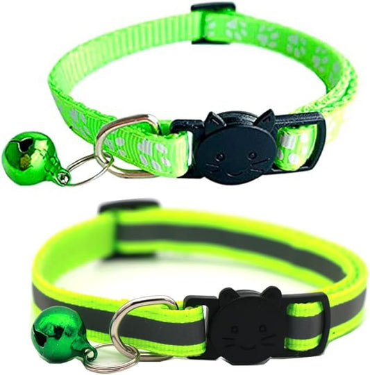 2 Pack Cat Collars Quick Release Reflective Kitten Collar with Bell & Safety Release (Fluorescent Green)