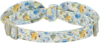 2 Pack Cotton Cat Collar, Removable Bowtie, Floral Pattern, Safety Breakaway Clasp, Adjustable for Cats.(Adult Cat, Blue Daisy and Floral)