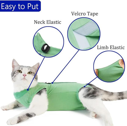 Cat Recovery Suit Cat Onesie for Cats After Surgery Female Male Spay Kitten Neuter Surgical Bodysuit Post Surgery Cone of Shame Alternative Anti Licking (Green, Small)
