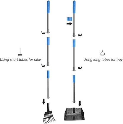 QiMH Upgraded Dog Pooper Scooper Extra Large, Adjustable Long Handle Stainless Metal Pet Poop Tray and Rake Set for Large Medium Small Dogs, Dog Waste Removal Bin Rake, Great for Grass, Street, Gravel