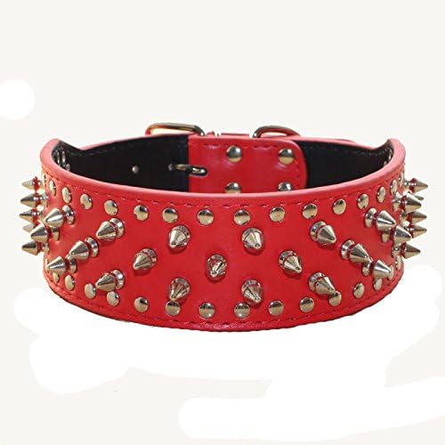Serijoars Spiked Studded Dog Collar, PU Leather Dog Collar, Adjustable Pet Collars for Medium or Large Breed Pet (L, Red)