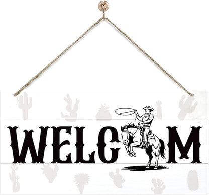 Welcome Sign for Front Door, Welcome Decor Wooden Hanging Sign for Wall Decor, West CowBoy Pattern Hanging Signs, Funny Wooden Outdoor Front Door Decoration 13.8X6.9 inches