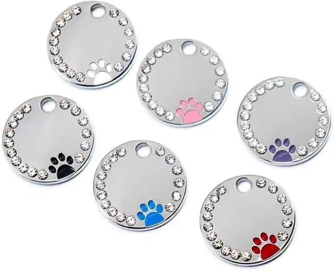 Personalized Dog/Cat Cute Paw Pet ID Tag for Pet Collar or Key Chain - Custom Laser Engraved Unique Dog/cat Name tag with Phone Number (Black, Crystals Round-Small)
