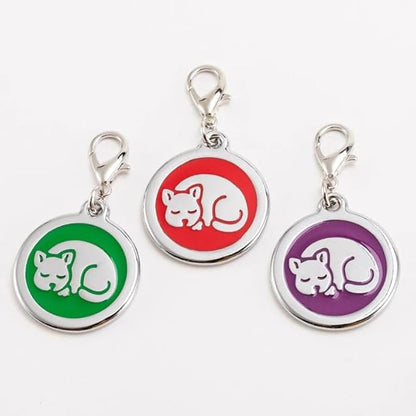 Personalized Pet ID Tags for Kittens and Cats - Custom cat Name tag and ID tag for Collar (Purple, Sleeping Cat Round-Small)