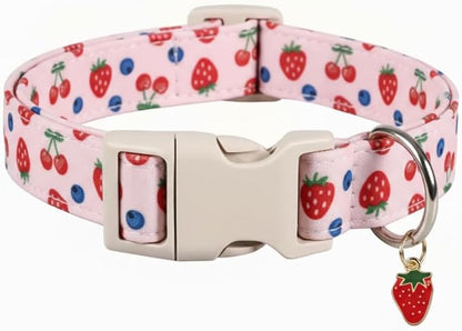 Pink Dog Collar, Female Dog Collar for Large Dogs with Strawberry, Cherry and Blueberry Print, Spring Summer Collar Made of Durable Soft Fabric, L