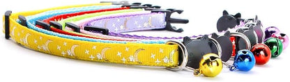 Reflective Cat Collars Breakaway with Bell 2-Pack Girl Boy Pet Kitten Collar with Star Moon Patetrn Adjustable 7.5-12.5 Inch (Green)