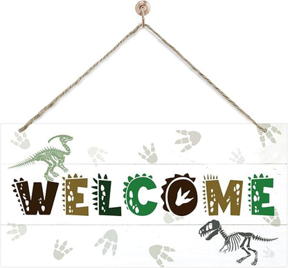 Welcome Sign for Front Door, Playroom Wall Decor, Dinosaur Theme Wall Hanging Decor, Gift for Dinosaur Lover, Funny Wooden Outdoor Front Door Hanging Decoration 13.8X6.9 inches