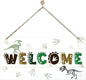 Welcome Sign for Front Door, Playroom Wall Decor, Dinosaur Theme Wall Hanging Decor, Gift for Dinosaur Lover, Funny Wooden Outdoor Front Door Hanging Decoration 13.8X6.9 inches