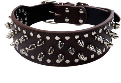 Serijoars Spiked Studded Dog Collar, PU Leather Dog Collar, Adjustable Pet Collars for Medium or Large Breed Pet (XL, Dark Brown)