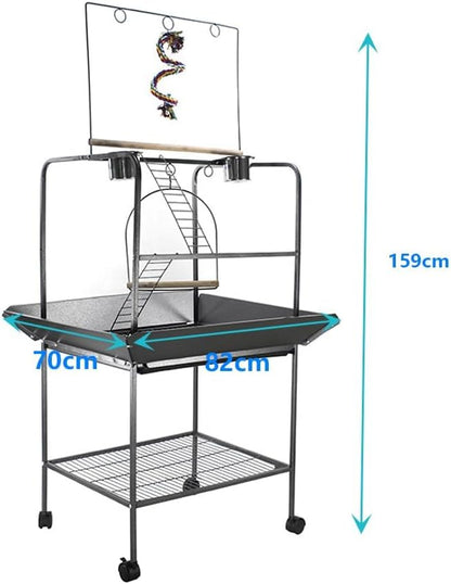 62'' Wrought Iron Birdcage with Detachable Rolling Stand & Feeder, Large Bird Cage with Secure Lock & Slide-Out Tray, Indoor Outdoor Bird Cage on Wheels,Parrot Cages for Parakeets, Pigeons, Black