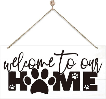 Welcome Sign for Front Door, Front Door Decor Wooden Hanging Sign for Wall Decor, Welcome to Our Home, Pet Lover Wall Signs, Rustic Funny Wooden Outdoor Hanging Decoration 13.8X6.9 inches
