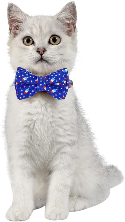 2-Pack Breakaway Cat Collars with Removable Double-Layer Bow Tie and Bell for Boy and Girl Cats Safety Kitten Collars Suitable for Festivals and Daily. (Independence Day 2)