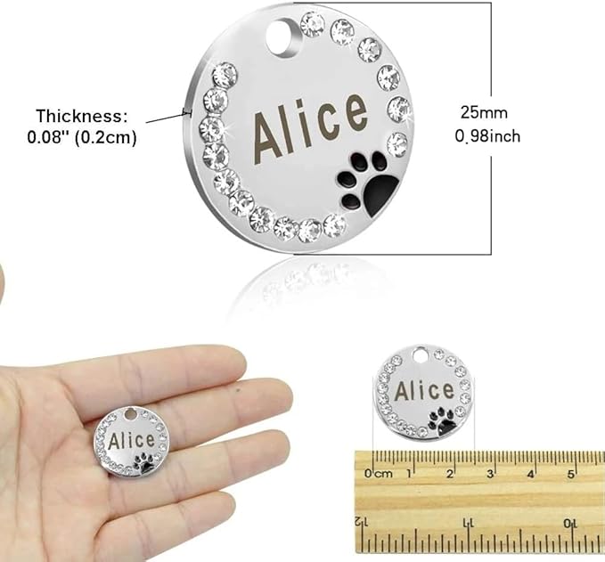 Personalized Dog/Cat Cute Paw Pet ID Tag for Pet Collar or Key Chain - Custom Laser Engraved Unique Dog/cat Name tag with Phone Number (Red, Crystals Round-Small)