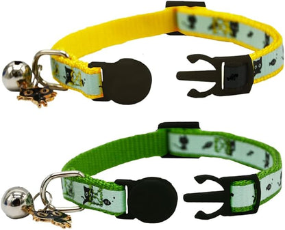 2 Pack Glow in The Dark Cat Collar with Bell Breakaway Safety Cat Puppy Collars with Pendant Green and Yellow