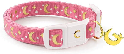 WAAAG Cat Collars, Gold Moons and Stars Cat Collar, Safety Breakaway Cat Collar, Glow in The Dark (Standard 9"-15" Neck, Coral Pink)