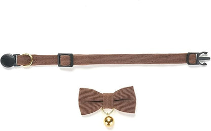 Soft Corduroy Cat Collar with Bell and Bowtie, Safety Breakaway Clasp, Adjustable for Kitten and Cats Brown Color.