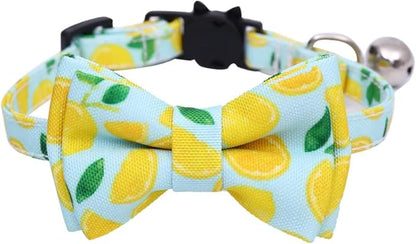 2-Pack Breakaway Cat Collars with Removable Double-Layer Bow Tie and Bell for Boy and Girl Cats,Safety Kitten Collars Suitable for Festivals and Daily. (Lemon&Pineapple)