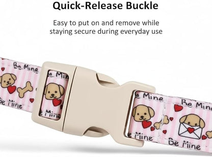 Pink Dog Collar, Girl Dog Collar with Cute Dogs and Hearts, Cute Spring Summer Food Collar with Soft & Breathable Fabric, Adjustable Pet Collar for Medium Dogs