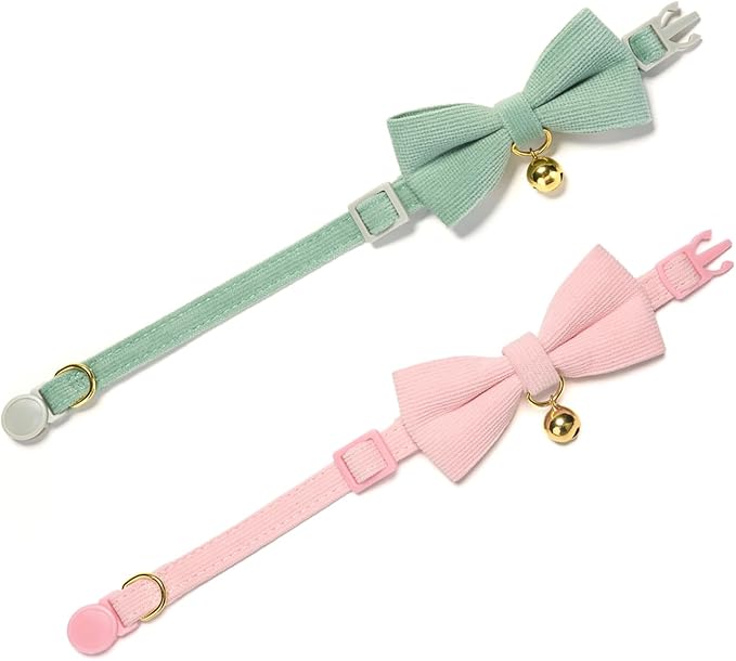 2 Pack Soft Corduroy Cat Collars with Bow Tie & Bell Adjustable Breakaway Bowtie Kitten Collar for Girl Boy Kittens(Pink & Grass Green)