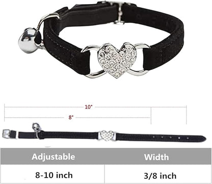 Heart Bling Cat Collar with Safety Belt and Bell Adjustable 8-10 inches for Kitten Cats (Black+Red)