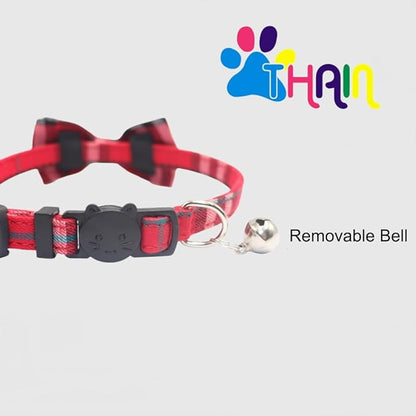 THAIN Cat Collar Breakaway with Bell and Bow Tie Safety Buckle Red Plaid Pattern Adjustable 7-11 inches for Kitten Cats(Red Plaid)