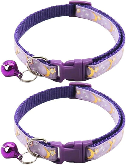 Reflective Cat Collars Breakaway with Bell Moons Stars 2 Pack Girl Boy Pet Kitten Collar Adjustable 7.5-12.5 Inch (Purple)