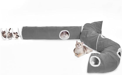 Ownpets 2-in-1 Cat Tunnel, Large Lollipop Shape Cat Tunnel Toy with Fluffy Balls, Spiral Toy, Plush Collapsible Cat Cave Hideout Donut Tunnel for Multi Kitten Puppy Rabbit (Grey)
