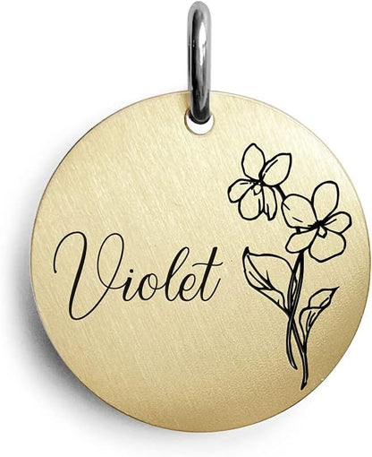 Cats Dogs ID Tags Personalized Engraving Birth Flowers Pattern for Custom Pets Collar Accessories Brass Copper Large Round Name Plate