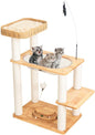 Wood Cat Tree for Large Cats, Modern Cat Tree Tower with Wide Shelves Cotton Scratching Posts, Super Sturdy Base, Cozy Perches, and Interactive Toys for Indoor Kittens