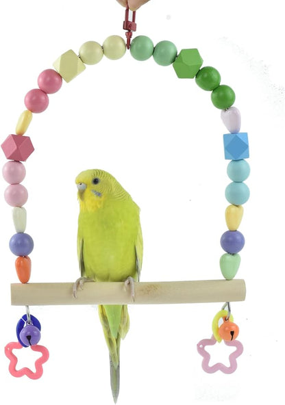 Wooden Bird Swing for Cockatiels Parrot Perch Hanging Toys Parakeets Birdcage Stands Cage Playground Play Gyms Accessories Colorful Bead Bell Climbing Toy for Lovebirds Conures Budgies