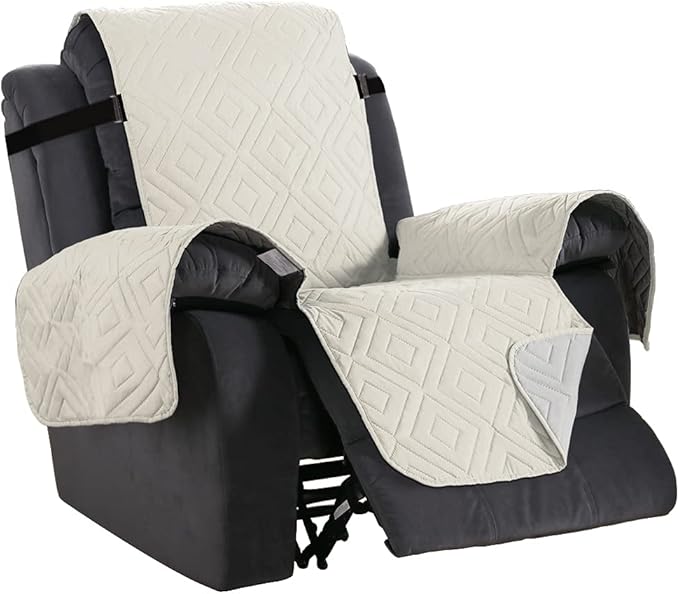 H.VERSAILTEX Reversible Quilted Recliner Covers Water Resistant Furniture Protector for Reclienr Chair with Elastic Straps for Pets Kids Sitting Width Up to 28"(Oversized Recliner, Ivory/Beige)