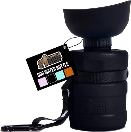 GORILLA GRIP Dog Water Bottle, Portable Water Bowl Dispenser for Dogs, 12 oz Leak Proof Pet Travel Squeeze Bottles Food Grade Silicone, Pet Stocking to Go Puppy Essentials, Black