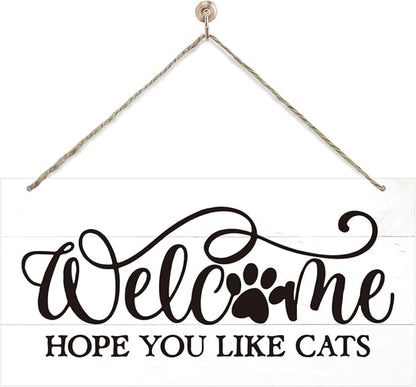 Welcome Sign for Front Door, Welcome Decor Wooden Hanging Sign for Cats Lover, Hope You Like Cat, Rustic Funny Wooden Outdoor Front Door Hanging Decoration 13.8X6.9 inches