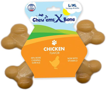 Chew’EMS X Bone Dog Chew Toy for Aggressive Chewers – Long-Lasting Chicken Flavor Nylon Bone – Durable, Rawhide-Free Dental Toy - Giant Size – Made in USA