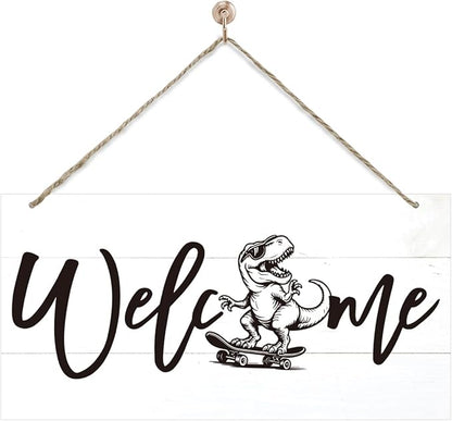 Welcome Sign for Front Door, Welcome Decor Wooden Hanging Sign, Fun and Trendy Dinosaur Wall Hanging Decor, Funny Wooden Outdoor Front Door Decoration 13.8X6.9 inches