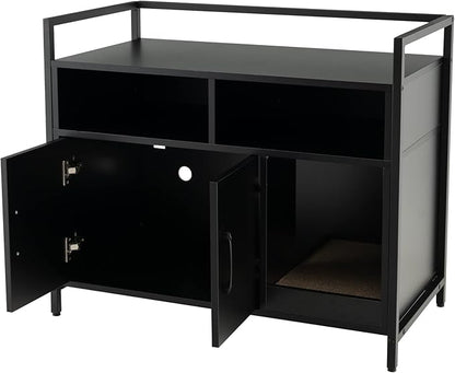 Giantex Cat Litter Box Enclosure - Cat Washroom Hidden Furniture with Front Entry, Scratcher, 2-Door Storage Cabinet, 2 Compartments, Air Vents, Metal Frame, Wooden Pet Crate House (Black)