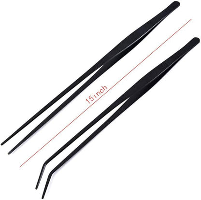 2 Pack Aquarium Forceps, 15 inch Long Handle Aquarium Tweezers Stainless Steel Straight and Curved Tweezers Set for Fish Tank Aquatic Plants Long Handle Reptile Feeding Tongs, Black