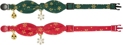 Bunny Ear Christmas Bowtie Cat Collar with Bell 2 Pack Cotton Breakaway Snowflakes Holiday Kitten Collars(Red+Green)