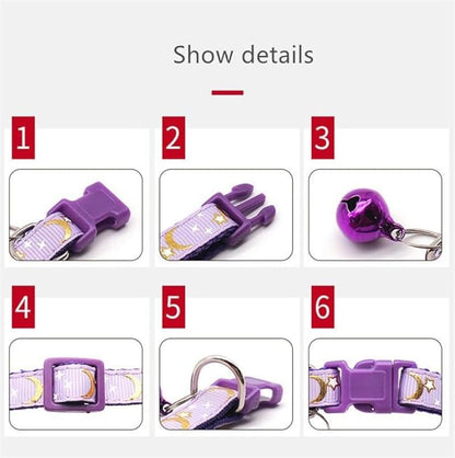 Reflective Cat Collars Breakaway with Bell Moons Stars 2 Pack Girl Boy Pet Kitten Collar Adjustable 7.5-12.5 Inch (Purple)