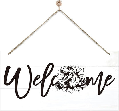 Welcome Sign for Front Door, Welcome Decor Wooden Hanging Sign, Tyrannosaurus Rex Pattern Wall Hanging Decor, Funny Wooden Outdoor Front Door Decoration 13.8X6.9 inches